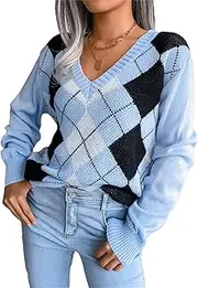 [Generic] Women's V-Neck Argyle Sweater - Long Sleeve Knitted Pullover with Ribbed Cuffs and Hem