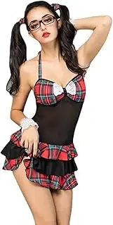 [JINZIJINYU] Women One Piece Lingerie Student Costume Role Playing Sexy Uniform Temptation Perspective Plaid Student Uniform