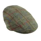 Harris Tweed Flat Cap - Olive Green / Red Check Plaid