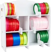 BENECREAT Ribbon Organizer Storage Rack, White Wall Mount Ribbon Holder, MDF Storage Rack for Ribbon, Thread Cord, Tulle Roll, Craft Making Supplies, 34x34x12cm