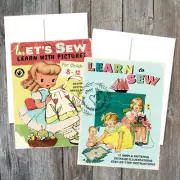 2 RETRO CHILDS LEARN TO SEW SEWING BOOK BLANK GIFT NOTE GREETING CARDS #C18