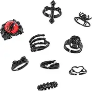 [Salty Alpha] Salty Set of 9 Halloween Theme Jewellery | Evils Stackable Rings | Adjustable Statement Multiple Midi Finger Ring | Spooky Designs | Fancy & Stylish | Horror Fashion Jewelry | Halloween Accessory,