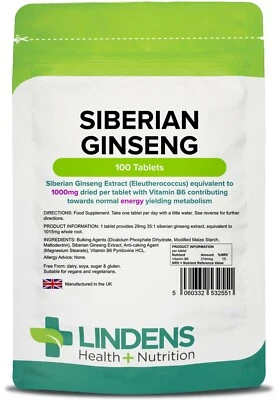 Lindens Siberian Ginseng Root Extract 1000mg 100 tablets Eleutherococcus Strong