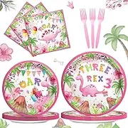 Three Rex Birthday Supplies Girl Tableware Set, Pink Dinosaur 3rd Theme Birthday Party Decorations Girl, 3rd Birthday Decorations for Girls, 3 Rex Roar Plates, Napkins, Forks, Serves 24 Guests