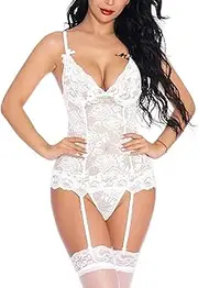 [EVELIFE] Womens Lace Garter Lingerie Set Teddy Bodysuit with Suspenders V Neck Babydoll Lingerie Set with Panty (No Stockings)