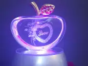 Valentine Crystal Apple 24k Gold & Gem Stem 3D Laser "LOVE" & Roses W/Base Light