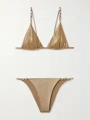 [Sara Cristina] Sara Cristina - Cowries Embellished Metallic Triangle Bikini - Gold - medium medium Gold