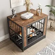 FOUBAM Metal and Wooden Dog Crate Furniture, Kennel With 3 Doors Indoor, Pet Puppy End Table for Small Dogs, Heavy Duty House, Rustic Black and Brown