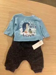 Peek Penguin Outfit Light Blue Shirt Black Pants 3-6 Months NWT So Much Love