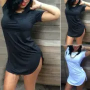Womens Loose T-shirt Shirt Dress Solid Round Neck Pullover Side Split Long Tops