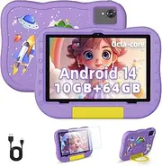 10 Inch Children's Tablet, Android 14 Tablet for Children with Shockproof Housing, 10 GB RAM + 64 GB (1 TB Expandable), Child Control, Learning and Gaming, Dual Camera, 1280 x 800 HD Touchscreen