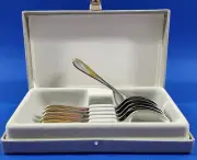 Vintage NOS Berndorf Teaspoon Dessert Spoon Silver Gold Swirl 6 Pc Set in Box