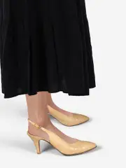 Beige Leather Pointed Toe Slingback Heels