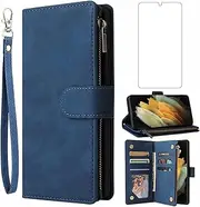 [Asuwish] Compatible with Samsung Galaxy S21 Ultra Glaxay S21ultra 5G Wallet Case Tempered Glass Screen Protector and Leather Flip Cover Card Holder Cell Phone Cases for Gaxaly 21S S 21 21ultra G5 Blue