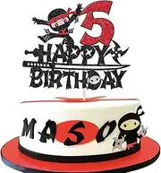 1 Pack Ninja Happy 5th Birthday Cake Topper Black Glitter Five Years Old Birthday Cake Pick Martial Arts Kung Fu Warriors Cake Decoration for Ninja Theme Fifth Birthday Party Decorations Supplies