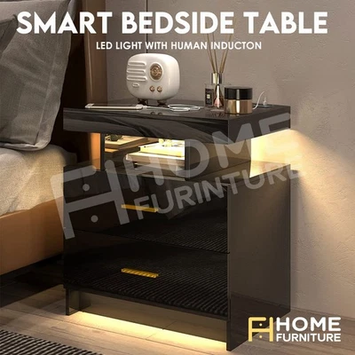 Bedside Table Smart RGB LED Lighted 2 Drawers Side Storage Cabinet Black