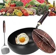 Japanese Iron Pan, Uncoated Iron Pan, Japanese Hand Forged Non Stick Pan Without for Cooker Gas Stir Fry Pans Round Bottom with Lid (Large)