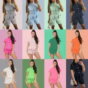 Women's Fine Ribbed Frill Button Short Set Ladies Short Sleeve Co-Ord Loungewear