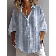 Women's Shirt Blouse Graphic Striped Vintage Daily Stylish Long Sleeve Shirt Collar Regular Tops Daily Holiday Going out Buttons Denim Blue Light Blue Summer S
