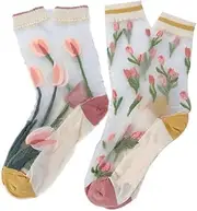 [Generic] 2 Pairs Cotton Floral Pattern Socks,Sheer Mesh Flower Patterned Thin Socks