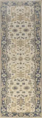 Bohemian Oushak Indian Runner Rug Hand-Knotted Ivory Hallway Rug 3x10 ft