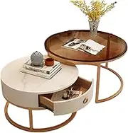Coffee Nesting Side Round Side Set of 2, Modern Accent Side End Table with Storage Drawers & Metal Frame, Glass Coffee Table & Marble Table for Living Room Bedroom Sofa Home Office,70cm,A