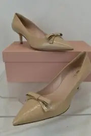 MIU MIU PRADA 5I851C BEIGE CROC PRINT LEATHER LOGO BOW KITTEN HEEL PUMPS 39.5