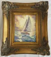 Impressionist Original Oil Painting - Sailing the Ocean- Ornate Gold Frame