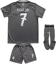 [LeenBD] Vini Jr. No #7 Madrid Gray Alternative Third Edition Kids Soccer Jersey Shirts Football Futbol Socks Set Youth Sizes