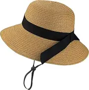 [JowTreex] Girls Wide-Brim Straw Sun Hat Foldable Summer Beach Cap Adjustable Floppy Hats with Bowknot