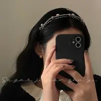 在飛比找Yahoo!奇摩拍賣優惠-YOUMI 韓版新款復古小香風高級精緻布藝絲絨珍珠鏈條細髮箍