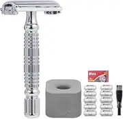 Double Edge Safety Razor TTO Butterfly Twist Open DE Shaving Razor with Heavy Duty Square Concrete Razor Stand, 10 Premium Blades and Mini Brush Upgraded Version Gift Set (Razor + White Stand)