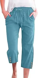 [RegaliaKun] Capris Pants for Women High Waist Drawstring Comfy Casual Pants Lightweight Loose Trousers ButtonsTrim with Pocket