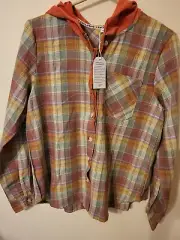 Faded Glory Womens Top L Sleeve Solid Hooded Tie Button Up Mauve Plaid Medium