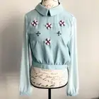 Tobi Teal Top Shirt Small Beaded Flowers Open Back Peter Pan Collar Festival NEW
