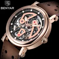 在飛比找蝦皮購物優惠-Benyar 頂級新款豪華男士手錶鏤空男士自動機械手錶真皮錶