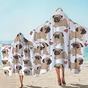 Sleepwish Pug Heart Hooded Towel Poncho Towel Bath Wrap Animal Hooded Towel Wearable Beach Wrap Blanket Shower Gift (Brown,Kids and Adults)