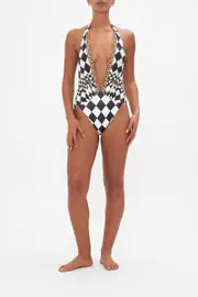 PLUNGE V GATHERED HALTER ONE PIECE DUOMO DYNASTY