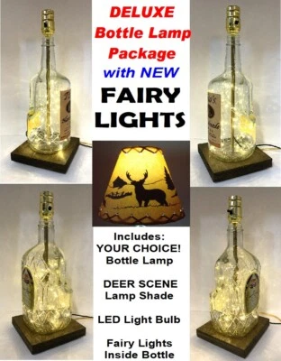 YOUR CHOICE Liquor Bar Bottle Table LAMP w/ DEER Shade FAIRY LIGHTS & LED Bulb