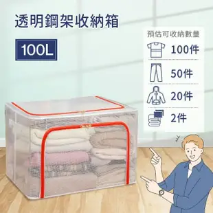 【MAMORU】100L雙開口透明鋼架摺疊收納箱-2入組(折疊置物箱 衣物收納 可堆疊整理箱)