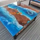 Square Blue Ocean Wave Epoxy Resin Coffee Table Natural Acacia Wooden Home Decor