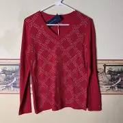 TOMMY HILFIGER Women's Studded Argyle Cotton V-Neck Sweater Top Red Size Small