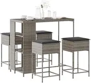 5 Piece Garden Bar Set with Cushions Grey Poly Rattan, Garden Furniture Sets
