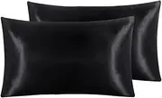 MOTRAIN Silk Pillow Cover Case, Queen Size, 51x76cm, Soft Breathable Smooth Both Sided Silk Pillowcase, 1 Pair, Black