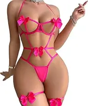 [JINZIJINYU] Lingerie For Women Sexy Suit Women Hollow Underwear Halter Neck Bow Tights Jumpsuit