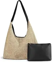 [fauson] Straw Beach Bags for Women- Beach Bags for Women, Mesh Beach Bag Tote Leather Hobo Purse, Black, Medium