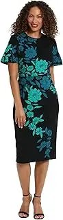 [London Times] Women's One Size Jewel Neck Flutter Sleeve Emotional Flattering Polished Chic Midi Length Sheath Dress