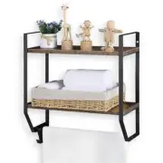 Unbranded Decorative Wall Shelf 15.75" 2-Tiers w/ Brackets + Hooks Rustic Brown