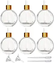 PYAWI 6Pcs, 2 oz Glass Dropper Bottles for Essential Oils ，60ml flat round perfume bottle with Eye Droppers， for Essential Oils, Perfumes, Serums - Leakproof for Travel (A- Clear), PYAWI-PY01