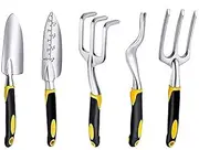 5 Garden Tool Set, Aluminum Gardening Work Kit with Soft Rubber Ergonomic Handle Hand Tools Succulent Tool Set Outdoor Gardening Tools (Yellow)